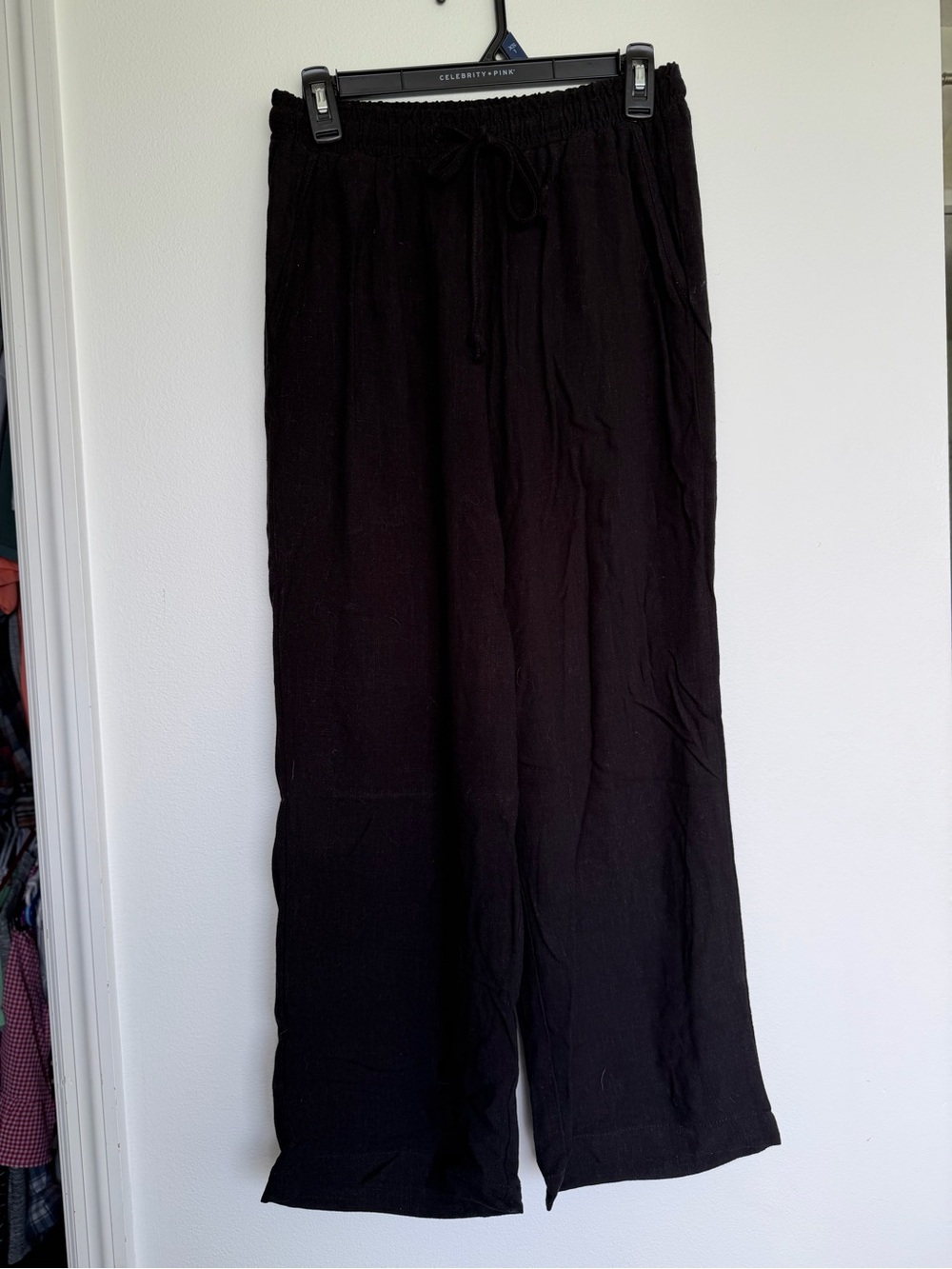 Casual Linen/Cotton feel Drawstring Wide-Leg Pants - Black